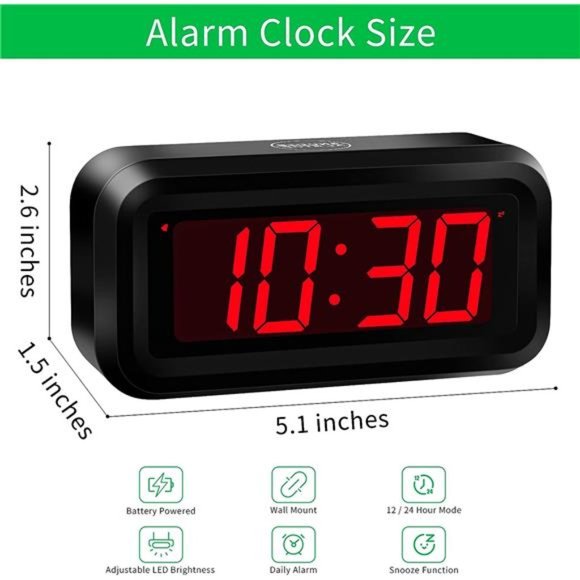 LED Digital Clock, Small Wall Clock, Battery Operated, Adjustable 3-Level Led Brightness, Dim Night Mode (Black Case-red Led)